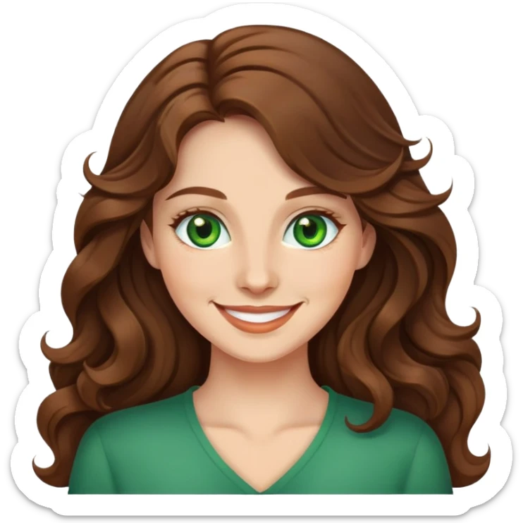 Woman with long wavy brown hair and green eyes smiling  sticker