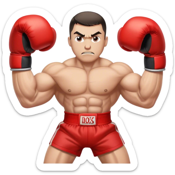 A cartoon-style train with muscular arms wearing red boxing gloves, aggressive fighting stance, determined expression. sticker