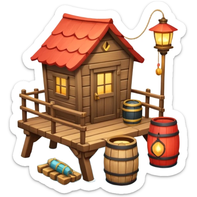 
fisherman house on a wooden pier, small dock, fishing nets hanging, barrels, lantern, ocean vibe, 3D cartoon, cute mobile game icon, clean background, no text
 sticker