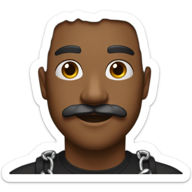 Brown skin with a fine moustache buck teeth waves a black t-shirt and a silver chain sticker