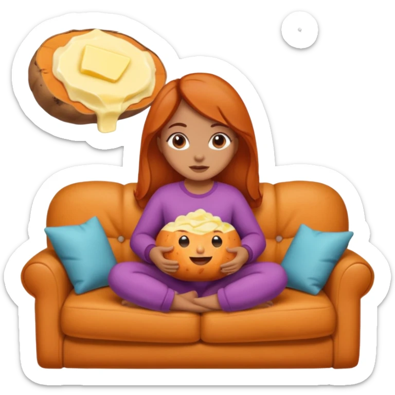 Female personified sweet potato with butter sitting on a couch very cozy watching tv  sticker