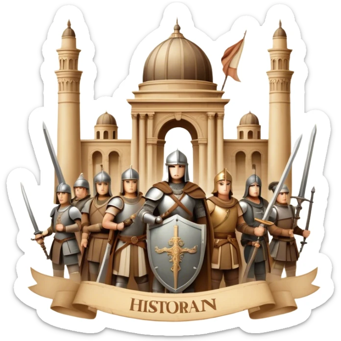 Icon for Historical Movies: A vintage movie poster-style design with elements of ancient architecture, historical figures in period costumes, and a backdrop of a historical event or battle. Include scrolls, swords, and shields. Retro cinematic feel. Transparent background. sticker