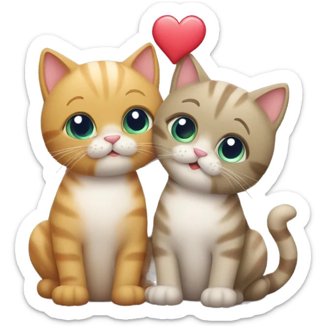2 cute cats kissing each other and above them there are some hearts  sticker
