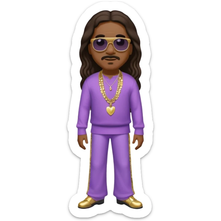 Stevie Wonder with long dark brown hair, lilac sequin baggy pants, shirtless with necklace sticker