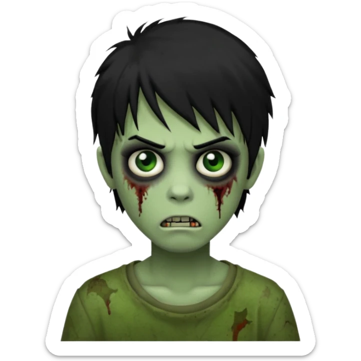 Boy, zombie, black hair, medium long, emo, shaggy, dark, spooky, creepy expression, green skin sticker