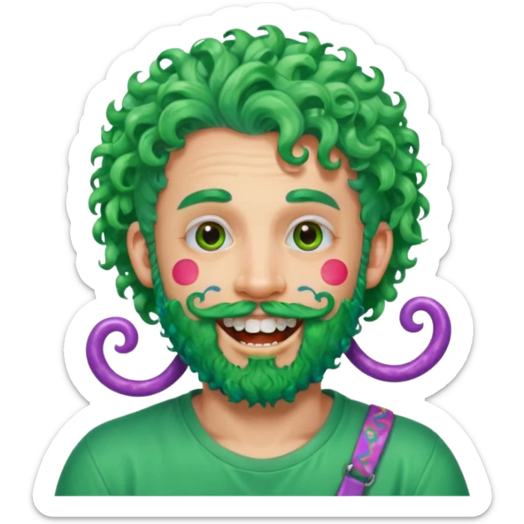very colorful puffy green curly haired man just beard  no mustache made out of candy wearing teeth-braces and excessive face tattoos just face  sticker