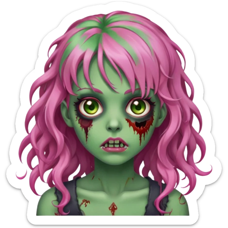 Zombie girl with green skin bangs long curl pink hair and hazel eyes  sticker