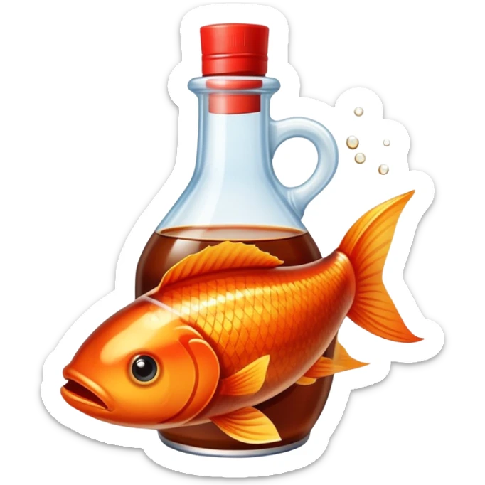 a bottle of fish sauce with a fish swimming on the tag, fish sauce is pouring out of the bottole sticker