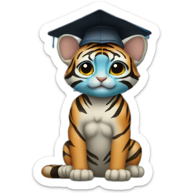cutie blue skin beep tiger whole body sit similar to baby yoda with a college mortarboard sticker