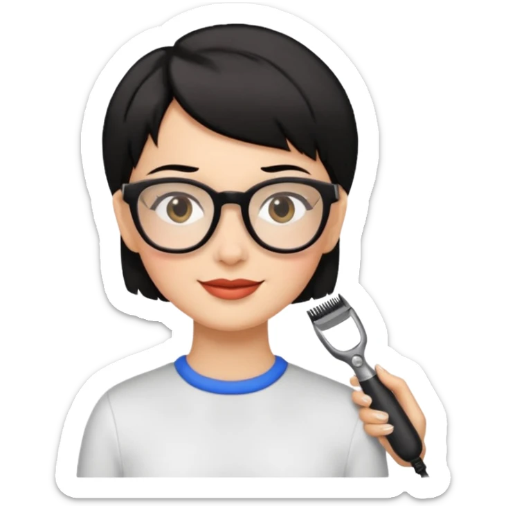 Happy woman with very short hair and glasses having haircut sticker