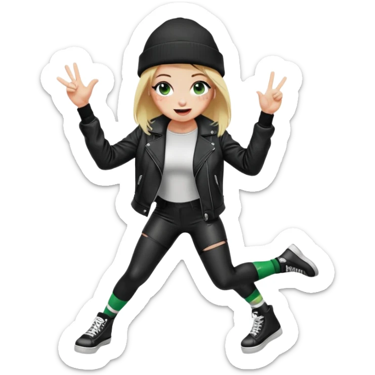 iPhone emoji style girl, blonde hair, black beanie, green eyes, freckles, winking, tongue out. Wearing black leather jacket, black leggings, big boobs, long white socks. Right hand doing "OK" sign. Full body, playful skater vibe, transparent background. Big boobs sticker