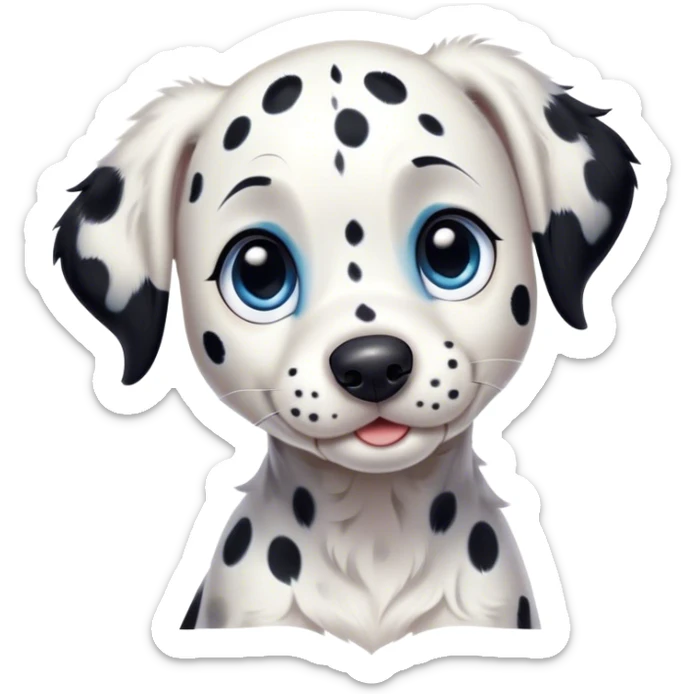 Cinematic Cute Spotted Dalmatian Portrait Emoji, Head tilted playfully and inquisitively, featuring a glossy Fur of predominantly white with dynamic black patches, round, sparkling blue eyes filled with gentle curiosity, Simplified yet irresistibly adorable features, highly detailed, glowing with a warm, friendly glow, high shine, affectionate and gentle, stylized with a touch of whimsy, bright and endearing, soft glowing outline, capturing the essence of a mischievous yet loving pup, so playful it feels like it could lumber out of the screen and into your arms! sticker