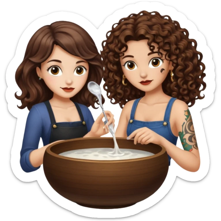 moon bowl mixing — long wavy brown hair tattooed woman and short tight curly brown hair woman — potion scene sticker