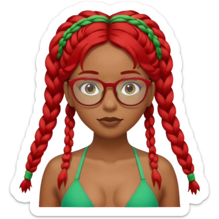 Dark Tan girl with two long red plaits and red rimmed  glasses, green bikini top,  head neck and shoulder shot only sticker
