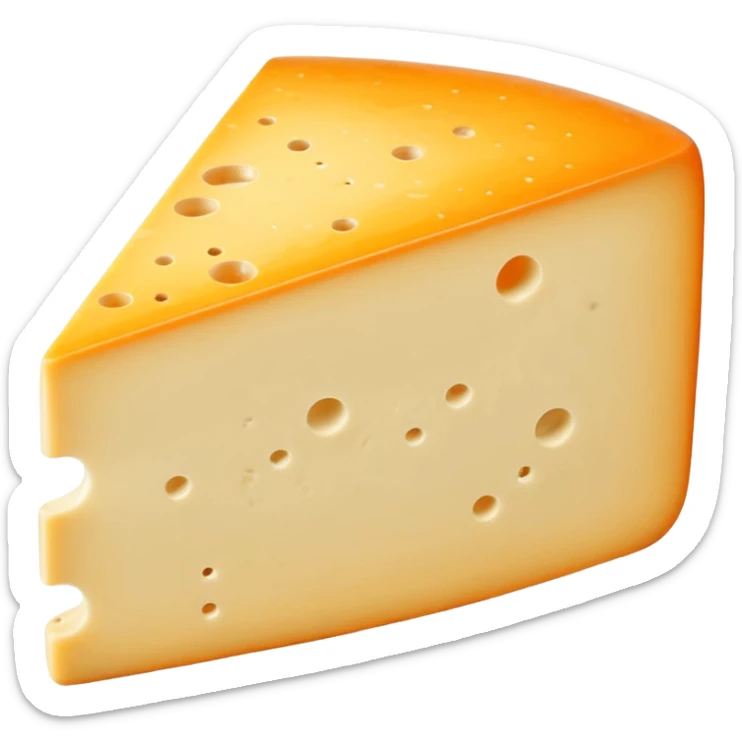 wedge of Saint-Nectaire cheese with soft washed orange-gray rind, creamy pale yellow interior, smooth and slightly supple paste, occasional small holes, gentle sheen, rind mottled with subtle natural aging marks, soft lighting, subtle shadows, emoji scale sticker
