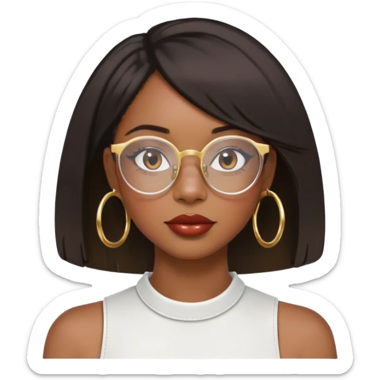 Black girl with shoulder length bob with layers. She wears clear glasses and has on small gold hoop earrings and lipgloss sticker