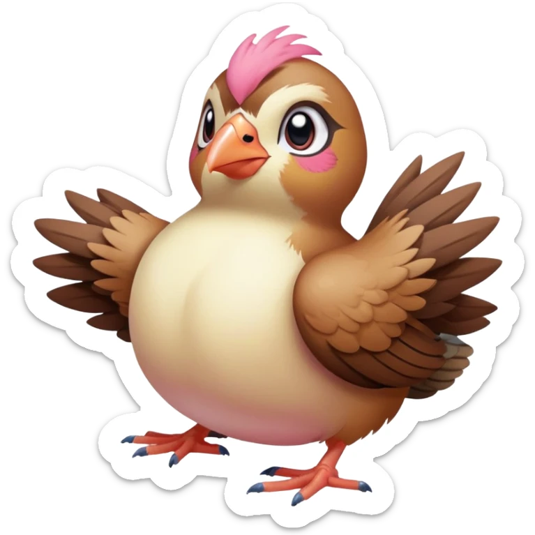 pidgey, small brown bird, cream face and belly, pink feet, short beak, sitting pose sticker