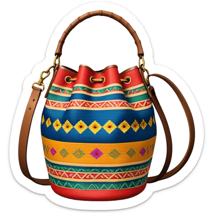 cinematic-realistic-image-of-a-traditional-colombian-mochila bucket bag,-rendered-with-detailed-woven-textures-and-vibrant-patterns bucket bag - with **fabric strap** mochila strap sticker