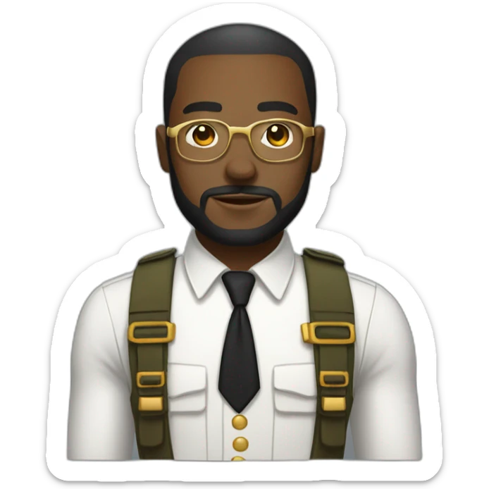 black soldier with beard, part in hair, white collared shirt, bow tie, gold glasses, bulletproof vest  sticker
