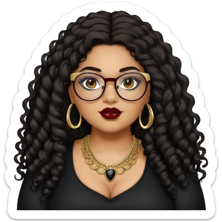teen big plus size, latina, darker tan skin, gold jewelry, long black curly hair, baddie,pretty, makeup, dark red lipgloss, black eyeliner, long hair, black top, black glasses sticker
