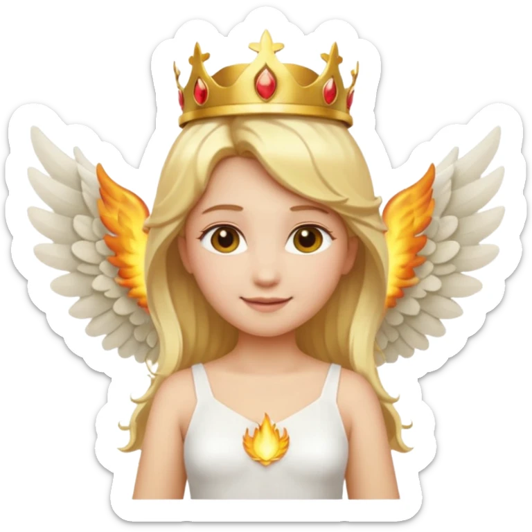 Emoji-style angel: blonde hair, golden flame crown, halo, large detailed wings, white dress, visible feminine body shape, cute smooth emoji look. sticker