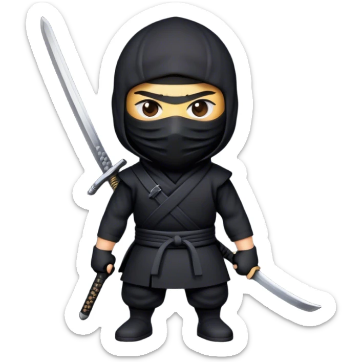  A emoji cartoon-style digital illustration of a ninja dressed in a half black outfit with a face mask, leaving only the eyes visible. The ninja has a serious and focused expression. A katana sword is strapped to their back, with the handle visible over one shoulder. The background is plain white sticker