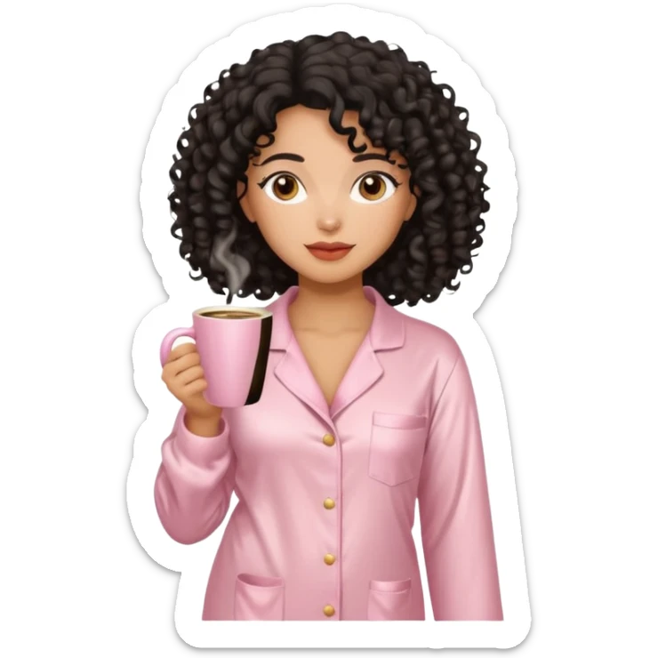 Mixed-race woman with caramel skin and black curly hair, slim thick figure, wearing beige satin pajamas, holding a pastel pink coffee cup, minimal background sticker