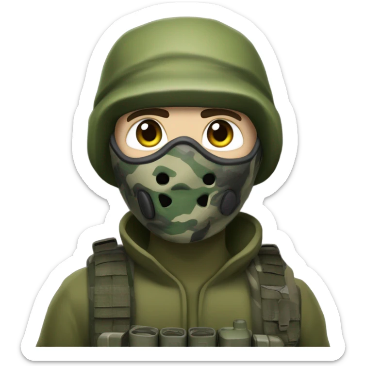 white male, pale skin, call of duty Logan mask, green camo tactical gear, combat boots, beanie, hazel eyes sticker