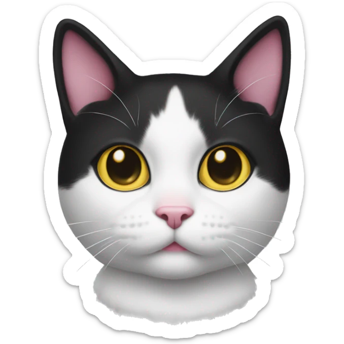 A tuxedo cat with a pink nose and yellow eyes with a white bow on the head  sticker