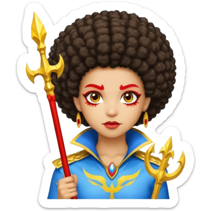 Emoji metisse femboy mais plus masculin avec drapeau ukrainien arriere plan, un afro, sourcils rouge, fourche trident, et eclairs et sur fond bleu clair irrisé. Peau lightskin, yeux marron et cheveux marron bouclés mais en mode afro pixi cut sticker