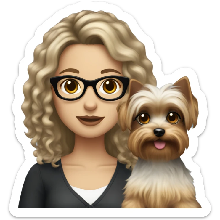 A White girl with curly medium length black hair and glasses holding a Yorkie  sticker