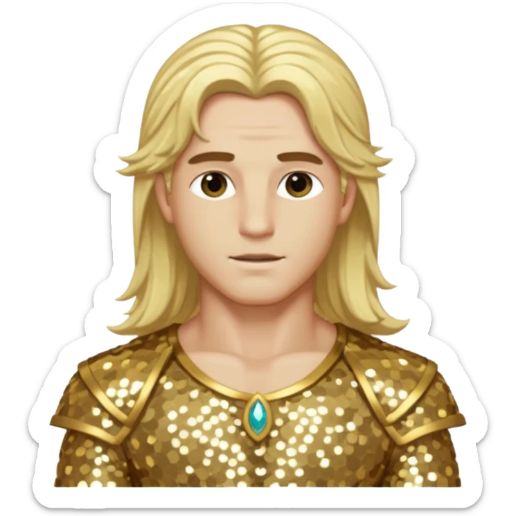 Adonis, God of Beauty from Gods and Goddesses with long blonde hair, gold sequin outfit sticker