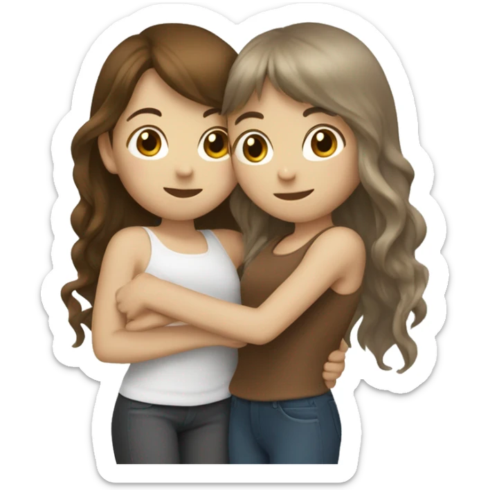 Two girls with white skin hugging. one has long wavy brown hair and the other has long straight brown hair with bangs. sticker