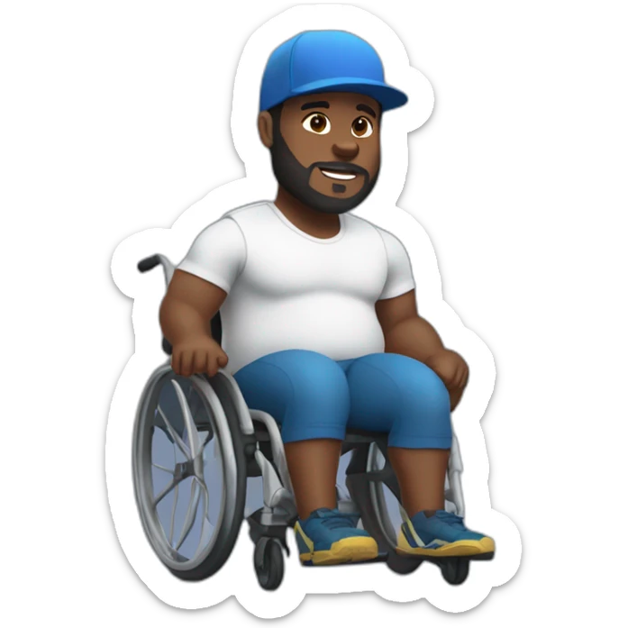 big-bellied, fat and muscular black man with beard and ball cap in a wheelchair with two prosthetic legs sticker
