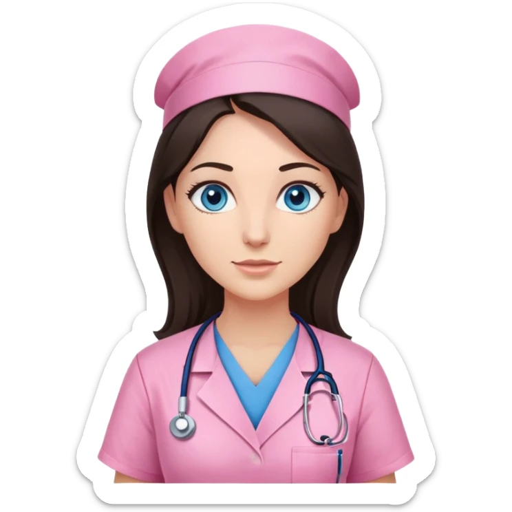 Female nurse, Very long dark brunette hair, blue eyes, light-medium skin, skin, pink scrubs, no hat sticker