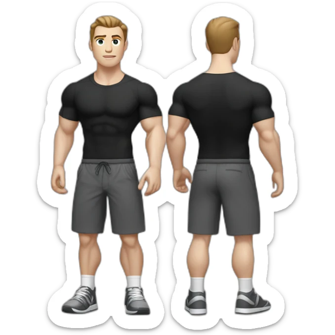 Pale skinned Fit Man With the biceps and dark brown hair in black shirt, gray sports shorts and white Sneakers sticker