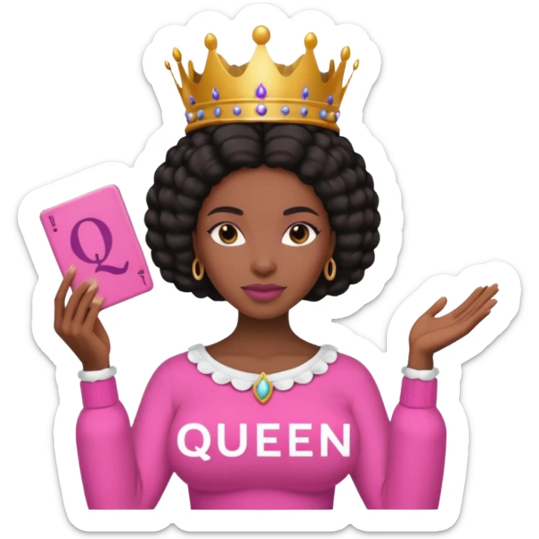 Crear una reina morena clara con ropa rosa sosteniendo la palabra Queen en sus manos sticker