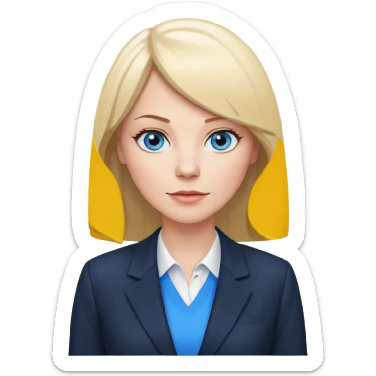 40 yr old white woman, pale skin, long straight blond hair parted in center, blue eyes, bangs, clothes for office sticker