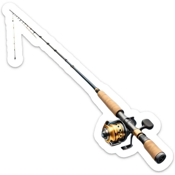 Cinematic Realistic Fishing Rod, sleek graphite rod with a smooth, polished reel, thin line disappearing into a shimmering lake, warm golden sunlight reflecting off the water, glowing with a tranquil and adventurous aura. sticker