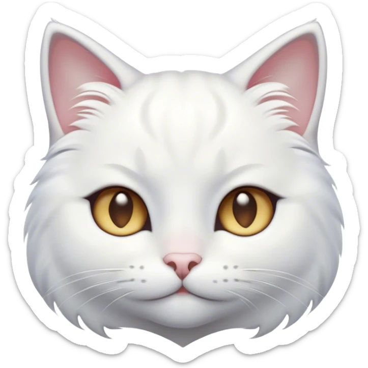 Cinematic Cute White Cat Portrait Emoji, Head tilted with a soft, gentle smile and sparkling eyes, featuring a silky, pristine white fur with subtle silver highlights, simplified yet irresistibly adorable, highly detailed, glowing with a warm, snowy glow, high shine, radiating affectionate charm and tender grace, styled with a light, playful outline, capturing the essence of a cute white cat that looks as if it could melt your heart with a single blink! sticker