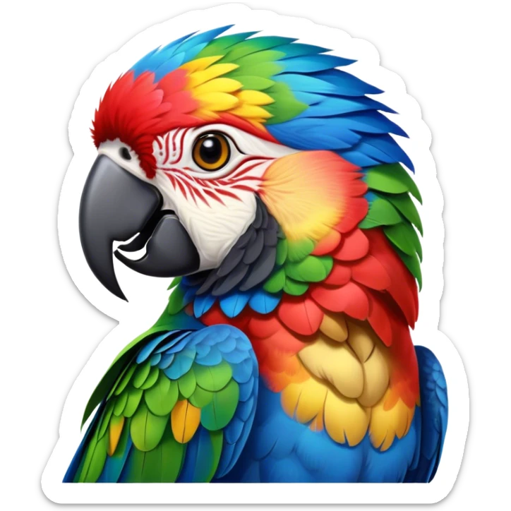 Cinematic Noble Macaw Portrait Emoji, Poised and regal, with vibrant, iridescent feathers in a spectrum of brilliant colors and sharp, intelligent eyes, Simplified yet sharp and sophisticated features, highly detailed, glowing with a soft, tropical radiance, high shine, majestic and graceful, stylized with an air of exotic elegance, focused and alert, soft glowing outline, capturing the essence of a watchful and confident avian guardian that seems ready to soar out of the screen with effortless authority! sticker