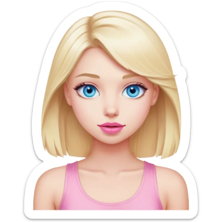 blonde girl with blue eyes and a pink tank top, wearing a pale pink lipstick sticker