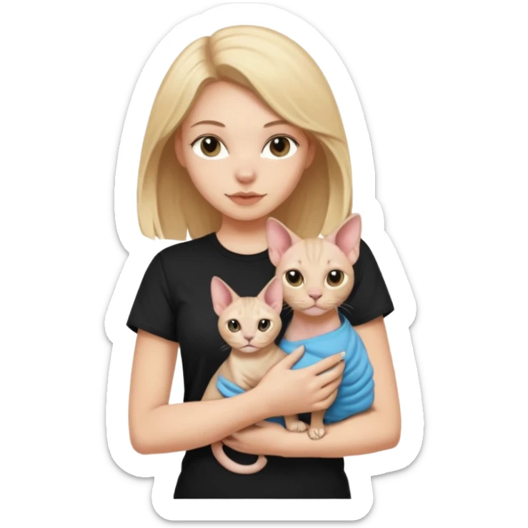 A white girl with light hair in black T-shirt is holding a Sphynx girl cat in her arms sticker