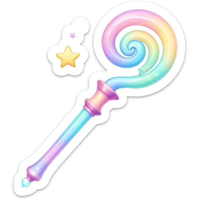 Cinematic cute magical wand, pastel swirls of color, tiny twinkling stars floating around, glowing softly, chubby rounded edges, whimsical and dreamy. sticker