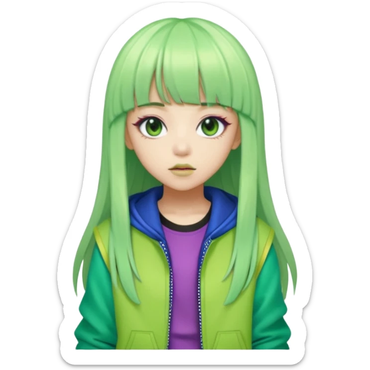  portrait-of-a-green skin alien-k-pop-idol,-wearing-a-stylish-streetwear-outfit-with-layered-colorful-clothing,-long-hair-with-bangs,-makeup,- sticker