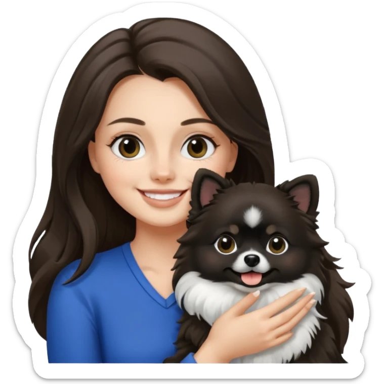 A woman who has brunette long hair is holding a black and white 1 Pomeranian dog who has black face but in the middle he has a white line from the nose sticker