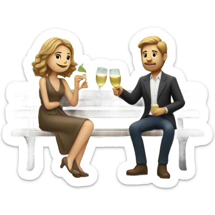 couple of white people with brown hair, sitting closely on a park bench, enjoying a romantic moment. One person is holding a croissant, and the other is holding a glass of Prosecco.  sticker