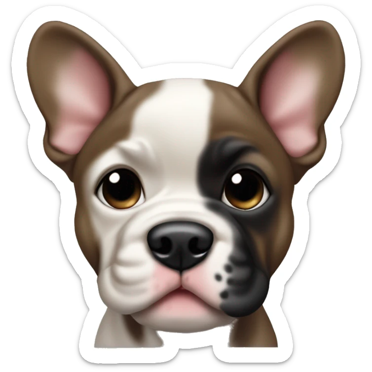 French bull dog puppy that’s dark brown with a black nose and mouth sticker