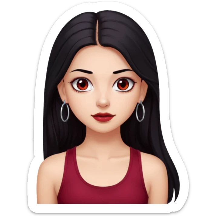 a pretty bratz fair girl with long black hair, kajal under eyes, small silver hoop. Dark cherry red tank top on. Black eyes sticker