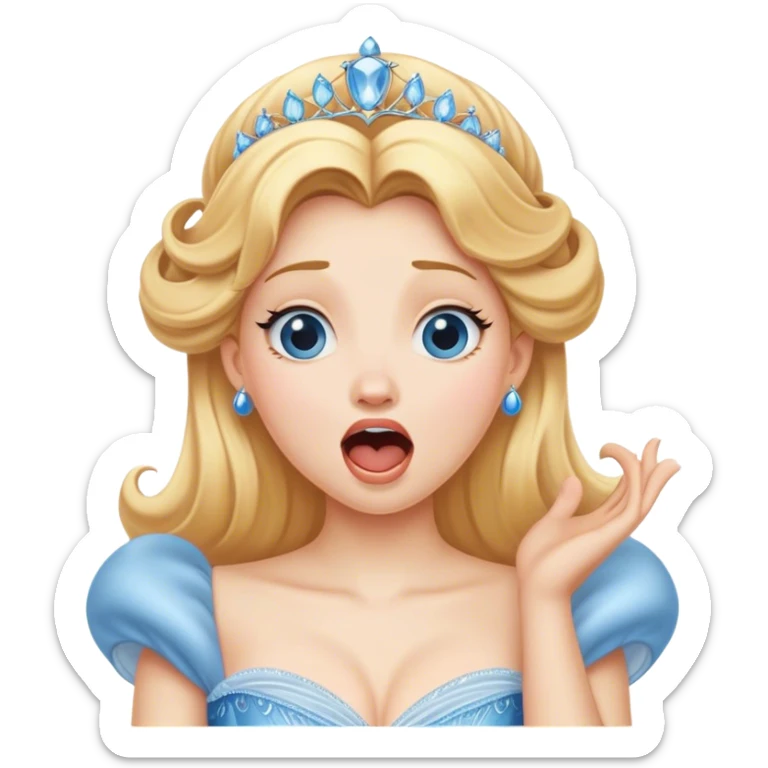 Cinematic Realistic Yawning Cinderella Portrait, showcasing lifelike porcelain skin and intricately detailed golden-blonde hair styled flawlessly as she mid-yawn reveals a moment of tender vulnerability. Her half-closed blue eyes and relaxed expression are rendered with natural, soft lighting that emphasizes the subtle textures of her face and the detailed, flowing fabric of her iconic gown. The scene glows with a cozy, authentic warmth that captures a rare, intimate moment of repose. sticker